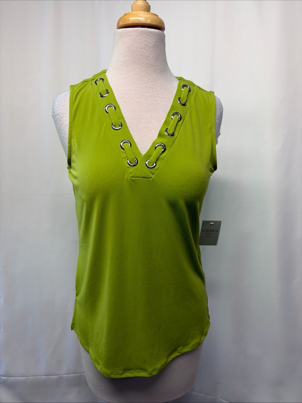 Carmen Marc Volvo Women’s Top XS Lime Stretch Sleeveless V Neck Brass Grommets - Picture 3 of 13